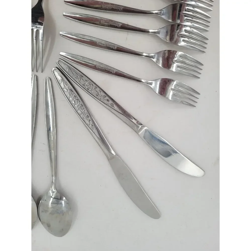 Eldan ELD18 Stainless Flatware Set Japan Roses Textured 24 Pc Tableware